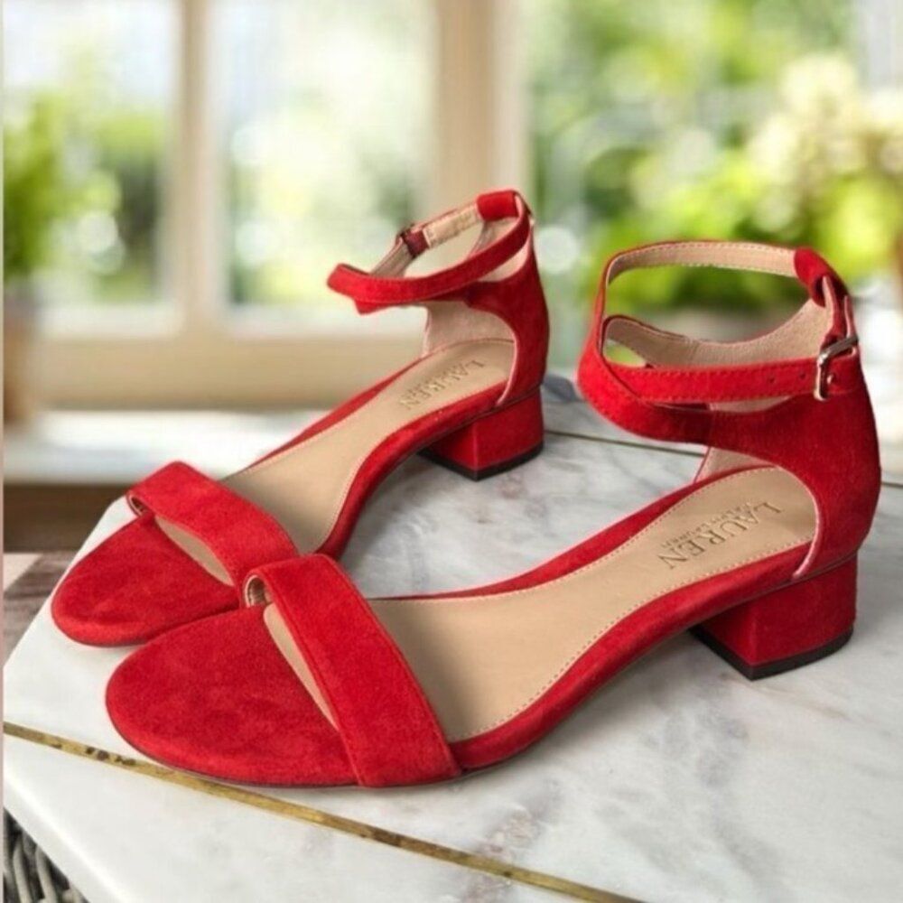 Lauren Ralph Lauren Red Leather Suede Block Heel Ankle Strap Sandals 6.5 Betha